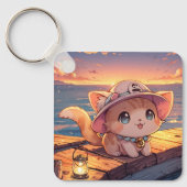 Cute Chibi Kitten at the Harbor Sunset – Whimsical キーホルダー (正面)