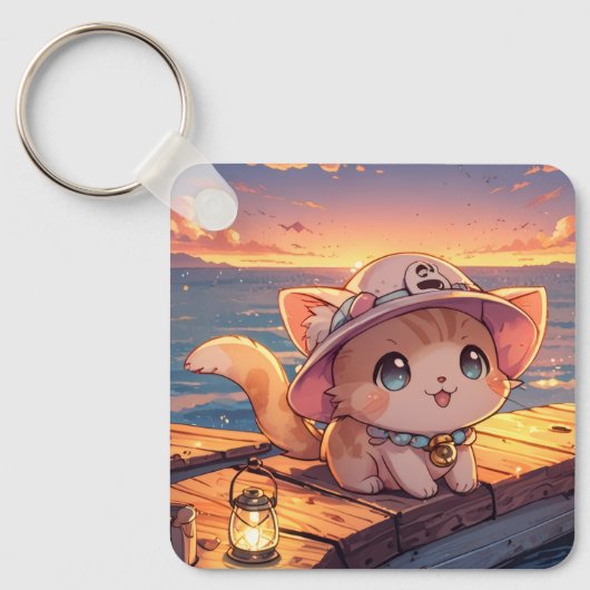 Cute Chibi Kitten at the Harbor Sunset – Whimsical キーホルダー (正面)