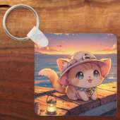 Cute Chibi Kitten at the Harbor Sunset – Whimsical キーホルダー (正面)