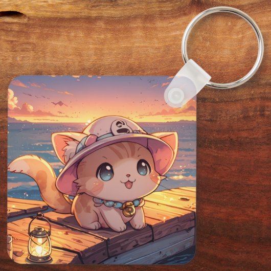 Cute Chibi Kitten at the Harbor Sunset – Whimsical キーホルダー (裏面)