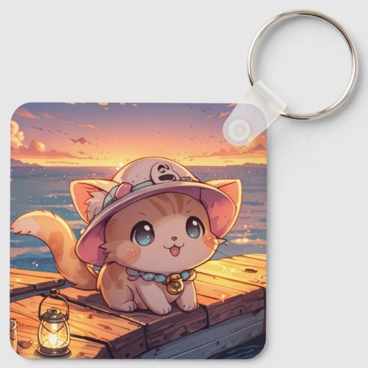 Cute Chibi Kitten at the Harbor Sunset – Whimsical キーホルダー (裏面)