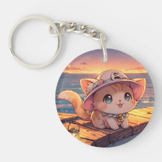 Cute Chibi Kitten at the Harbor Sunset – Whimsical キーホルダー