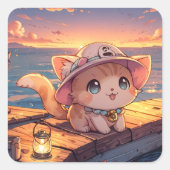 Cute Chibi Kitten at the Harbor Sunset – Whimsical スクエアシール (正面)