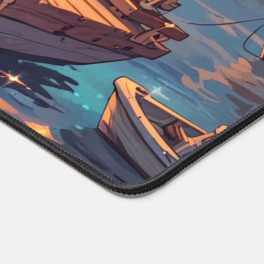 Cute Chibi Kitten at the Harbor Sunset – Whimsical デスクマット (コーナー)