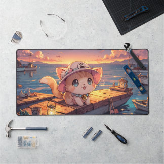 Cute Chibi Kitten at the Harbor Sunset – Whimsical デスクマット