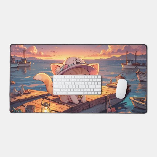 Cute Chibi Kitten at the Harbor Sunset – Whimsical デスクマット (キーボード&マウス)