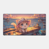 Cute Chibi Kitten at the Harbor Sunset – Whimsical デスクマット (正面)