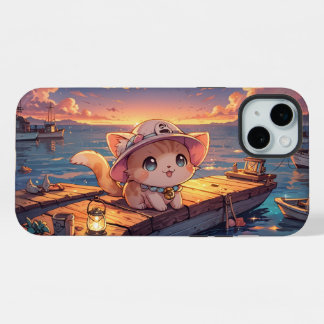Cute Chibi Kitten at the Harbor Sunset – Whimsical iPhone 15 Plusケース
