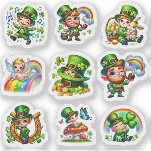 Cute Chibi Leprechaun Lucky Shamrock Set シール (正面)