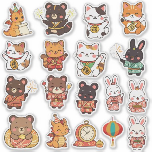 Cute Chibi Lunar New Year Animals Vinyl Stickers シール (正面)