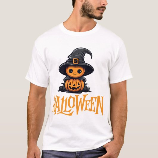 Cute Chibi Pumpkin Witch Hat Halloween Graphic Tシャツ (正面)