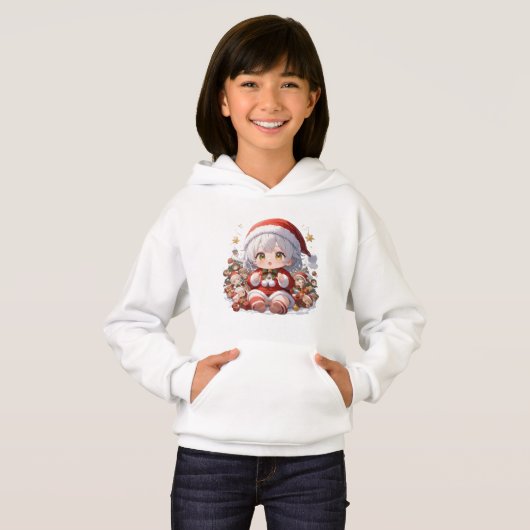 Cute Chibi Santa Girls' Christmas Pullover Hoodie (正面フル)