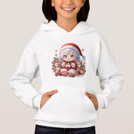 Cute Chibi Santa Girls' Christmas Pullover Hoodie (正面)