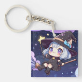 Cute Chibi Witch Flying in the Night Sky キーホルダー (正面)