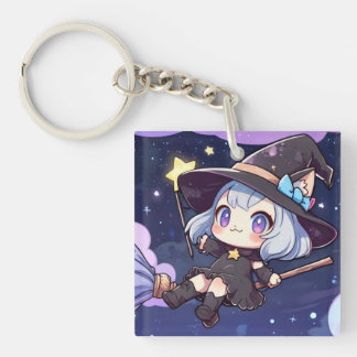 Cute Chibi Witch Flying in the Night Sky キーホルダー