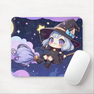 Cute Chibi Witch Flying in the Night Sky – Whimsic マウスパッド