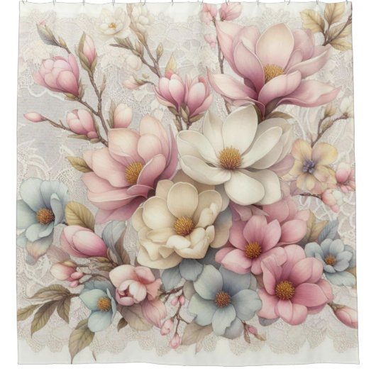 Cute chic girly floral and lace シャワーカーテン (正面)