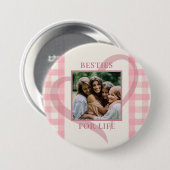 Cute Chic Pink Check Photo Besties Galentine's Day 缶バッジ (正面&裏面)