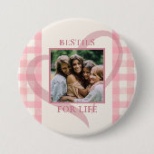 Cute Chic Pink Check Photo Besties Galentine's Day 缶バッジ (正面)