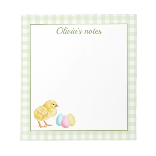 Cute Chick And Pastel Eggs On Green Gingham Easter ノートパッド (正面)