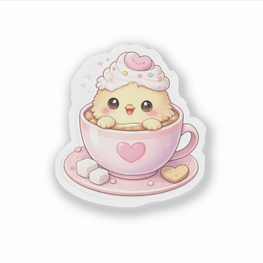 Cute Chick in Coffee Cup Kawaii Sticker シール (正面)