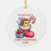 Cute Chick with Hedgehog Fur Christmas セラミックオーナメント (正面)