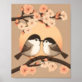 Cute Chickadee Couple Kissing Sunset ポスター