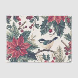 Cute Chickadee on a Holly Branch with Poinsettias 薄葉紙