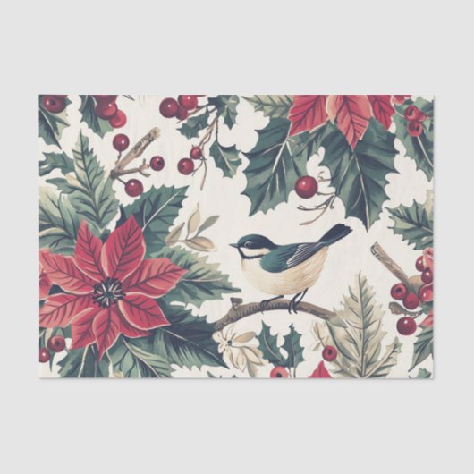 Cute Chickadee on a Holly Branch with Poinsettias 薄葉紙 (正面)