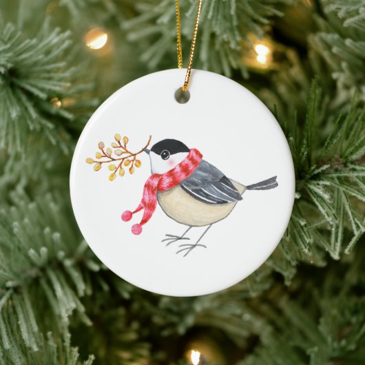 Cute Chickadee with Golden Sprig Personalized name セラミックオーナメント (ツリー)