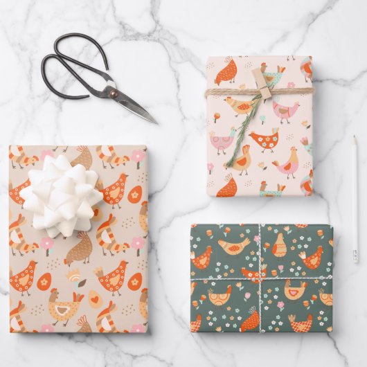 Cute Chicken Bird Pattern ラッピングペーパーシート (正面)
