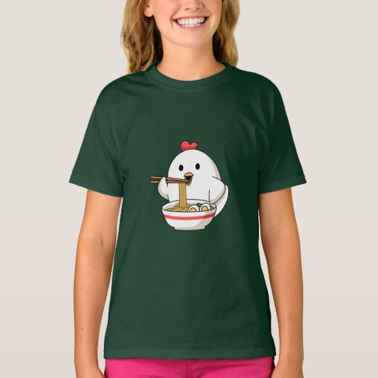 Cute Chicken Eating Ramen Noodles Kawaii Illustrat Tシャツ (正面)
