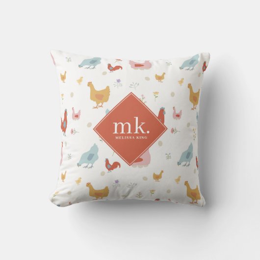 Cute Chickens Hens and Baby Chicks Monogram クッション (正面)