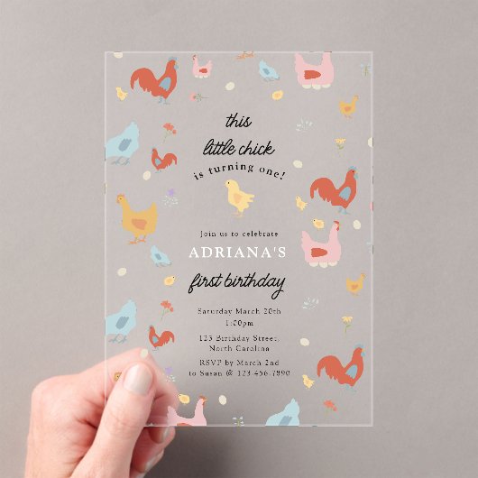 Cute Chickens Hens and Chick Girl First Birthday アクリル招待状 (インサイチュ (ポータブル))