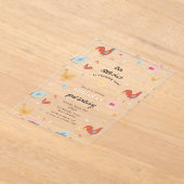 Cute Chickens Hens and Chick Girl First Birthday アクリル招待状 (レイダウン)