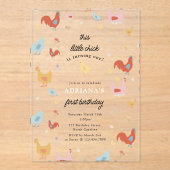 Cute Chickens Hens and Chick Girl First Birthday アクリル招待状 (正面)