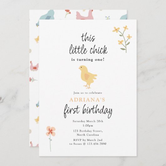 Cute Chickens Hens and Chick Turning One Birthday 招待状 (正面/裏面)