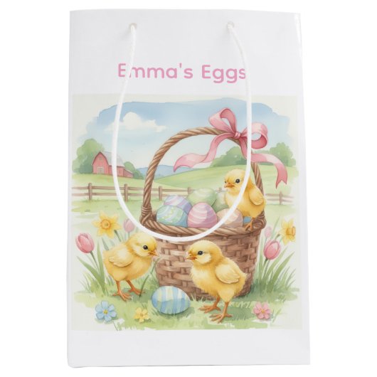 Cute chicks Easter bunny custom egg hunt bag ミディアムペーパーバッグ (正面)
