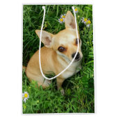 Cute Chihuahua in Grass Meadow ミディアムペーパーバッグ (正面)