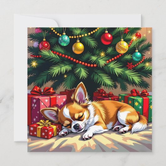 Cute Chihuahua Napping Under the Christmas Tree シーズンカード (正面)