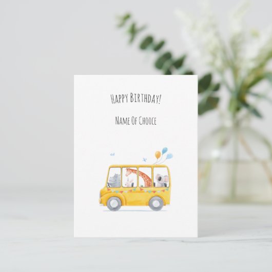 Cute Children Bus Animals Balloons Birthday Card ポストカード (スタンド正面)