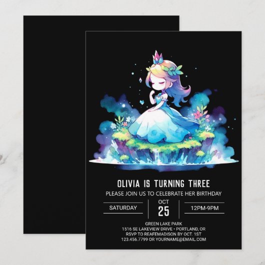 Cute Children Princess Birthday 招待状 (正面/裏面)