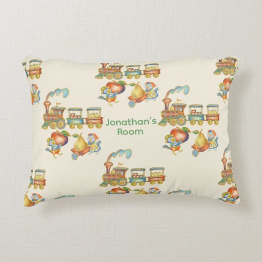 Cute Child's Bird Apple Train Accent Pillow アクセントクッション (正面)
