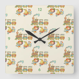 Cute Child's Bird Apple Train Clock スクエア壁時計