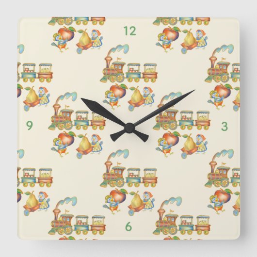 Cute Child's Bird Apple Train Clock スクエア壁時計 (正面)