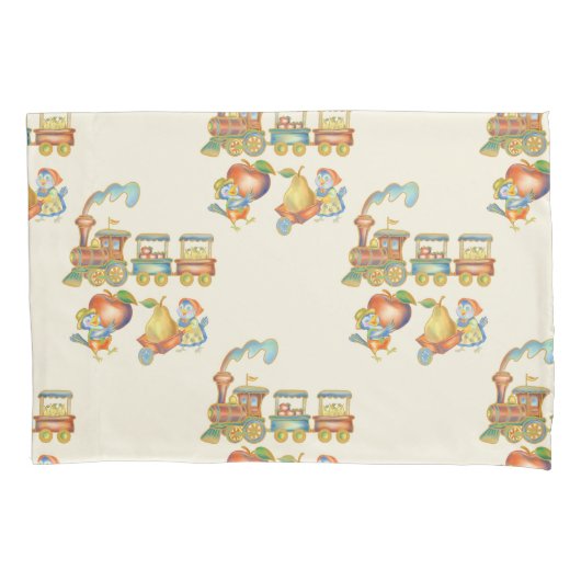 Cute Child's Bird Apple Train Pillowcase 枕カバー (正面)