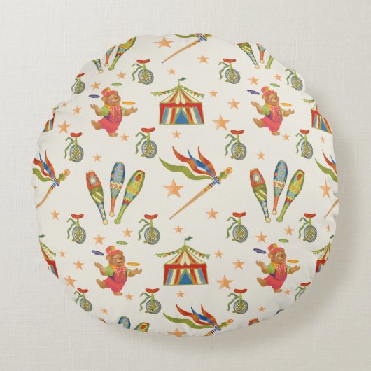 Cute Child's Circus Bear Theme Round Throw Pillow ラウンドクッション (正面)