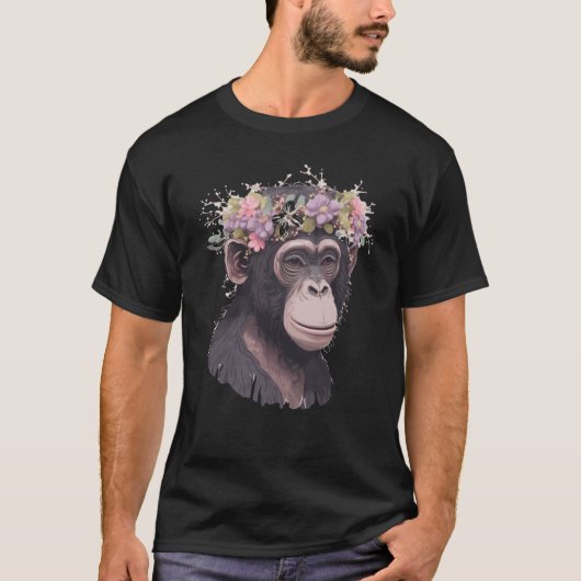 Cute Chimp Chimpanzee Flower Crown Floral Ape Monk Tシャツ (正面)