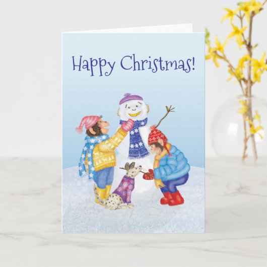 Cute chimps building a snowman Christmas card カード (黄色い花)