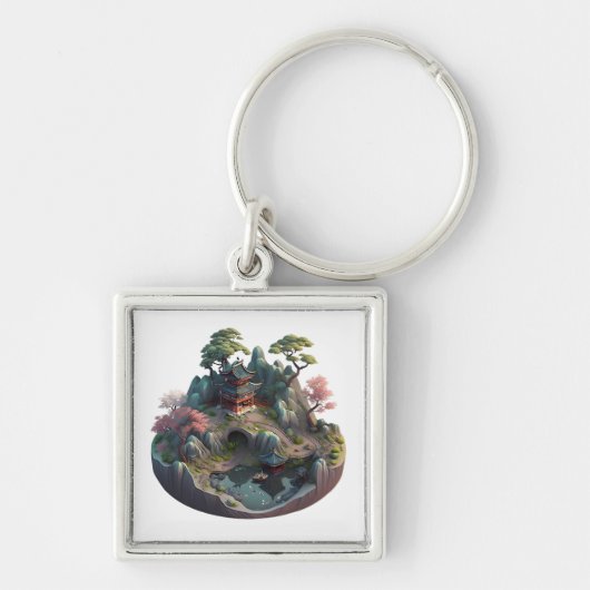 Cute Chinese Fantasy 3D Landscape Square Keychain キーホルダー (正面)